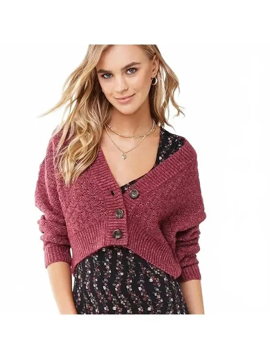 Forever 21 Berry Maroon Button Crop Cardigan- Size Small - Picture 1 of 7